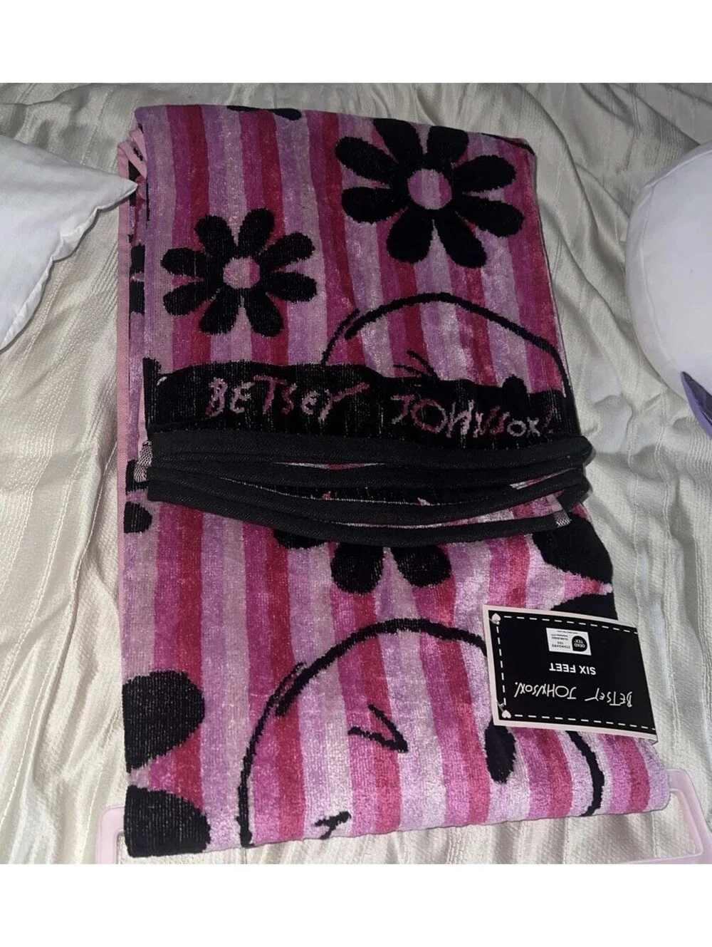 Betsey Johnson Beach Towel Retro Flowers Smiley Face & Pink Stripes, New